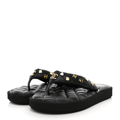 Chanel Lambskin Quilted Padded Charms Thong Sandals 38.5 Black 4 of 11