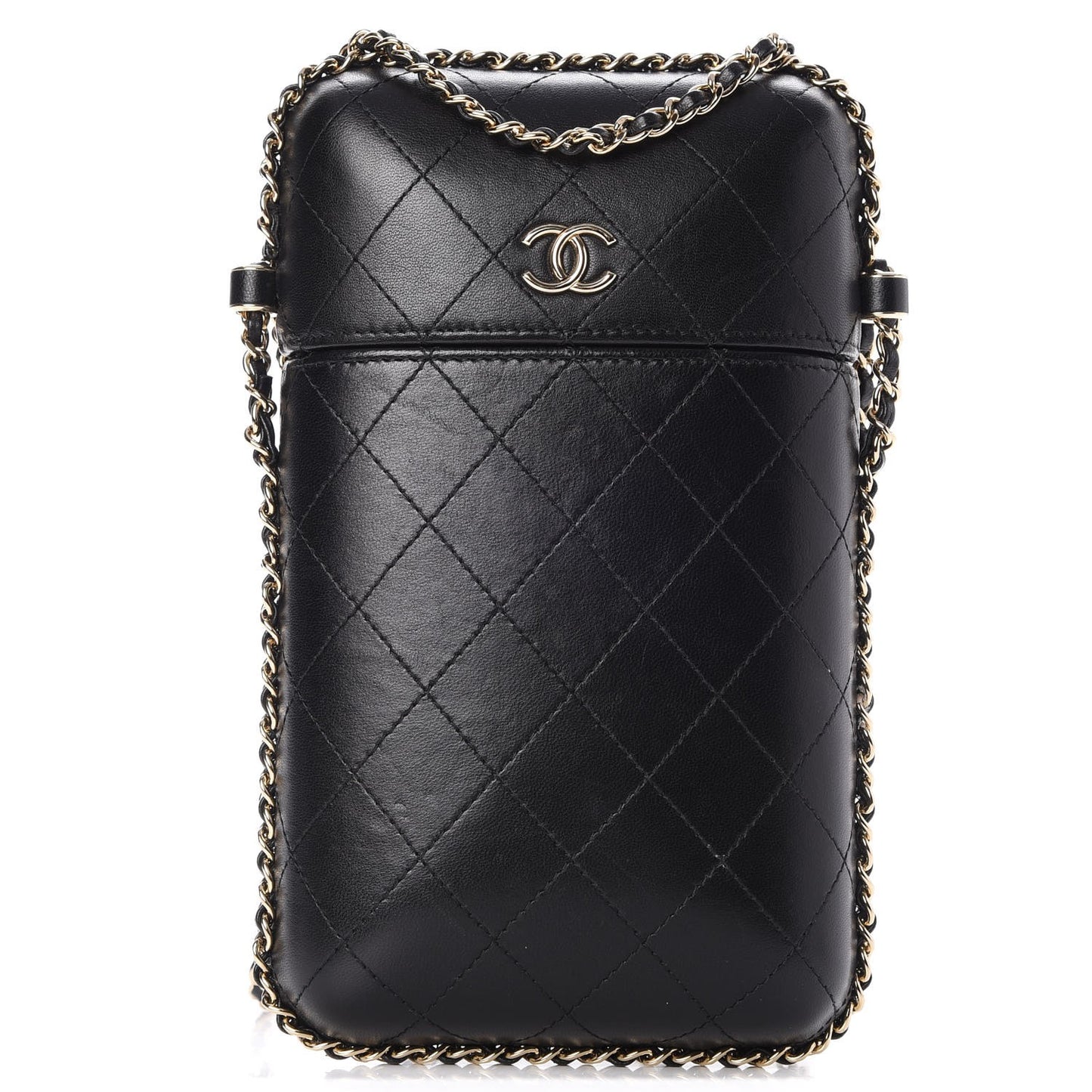 Lambskin Quilted Chain Around Phone Holder Black