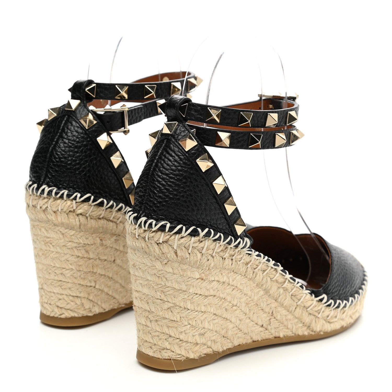 Valentino Garavani Grained Calfskin Rockstud Ankle Wrap Espadrille 15/85mm Wedges 35 Black Light Cuir 4 of 8