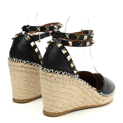 Valentino Garavani Grained Calfskin Rockstud Ankle Wrap Espadrille 15/85mm Wedges 35 Black Light Cuir 4 of 8