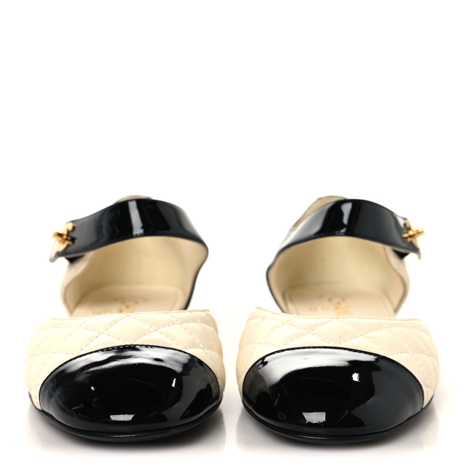 Chanel Patent Lambskin Quilted Cap Toe Ballerina Flats 37.5 Ivory Black 3 of 9