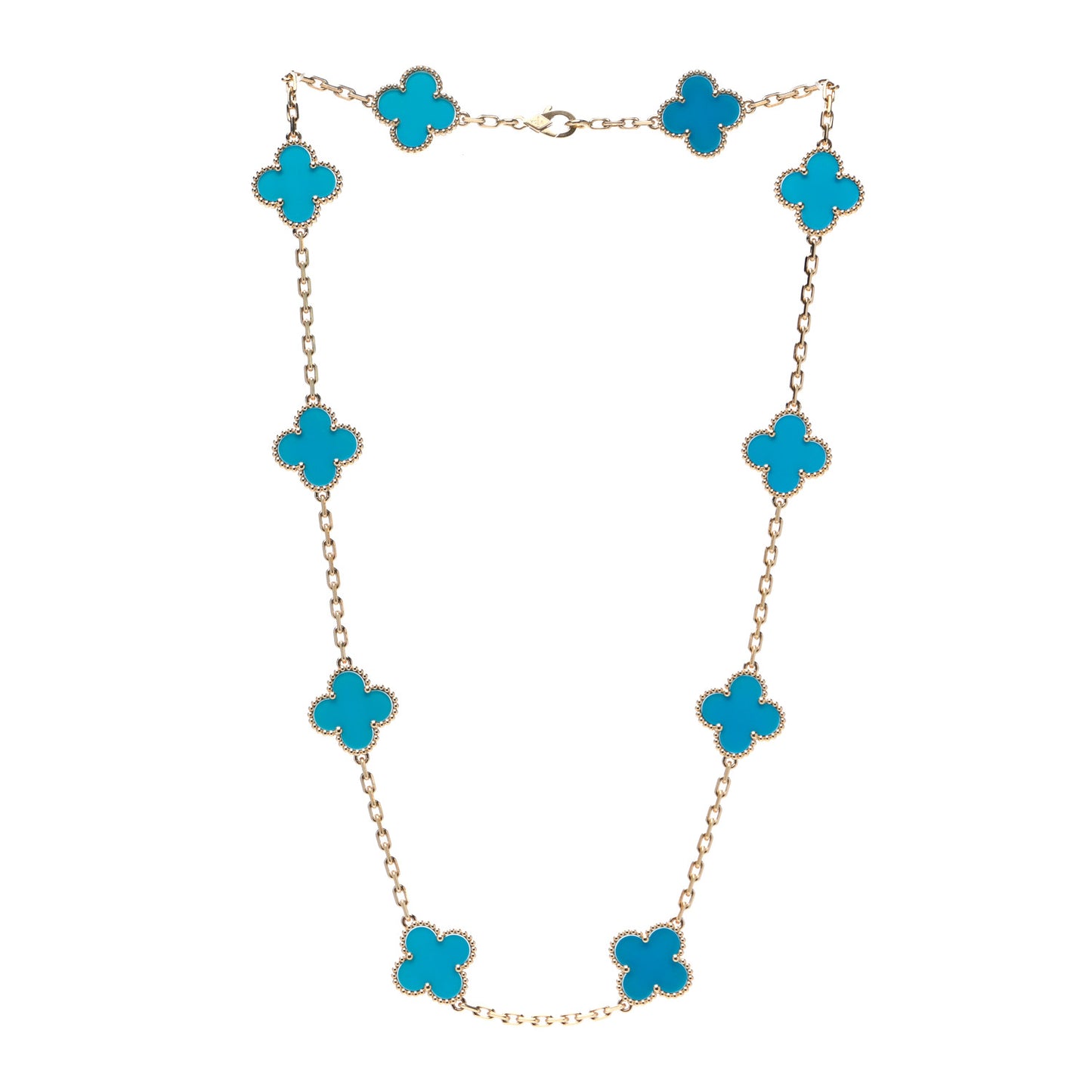 18K Yellow Gold Blue Agate 10 Motifs Vintage Alhambra Necklace