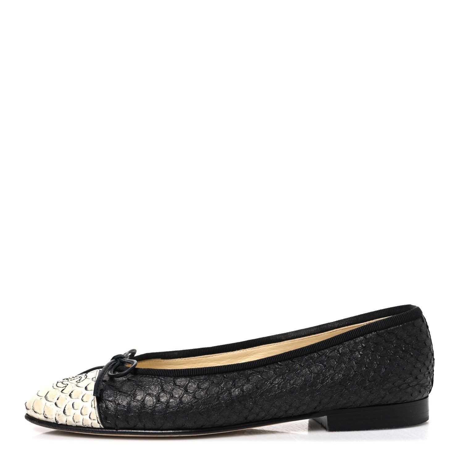 Chanel Glitter Snakeskin CC Cap Toe Ballerina Flats 37 Black White 1 of 13
