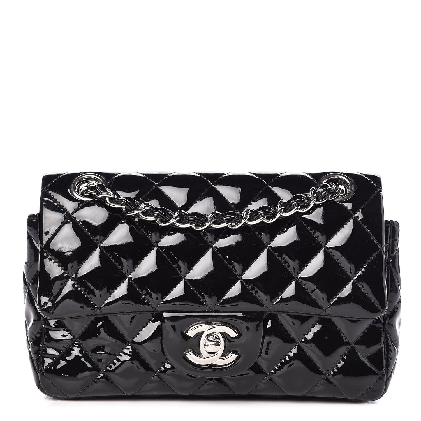Patent Calfskin Quilted Mini Rectangular Flap Black