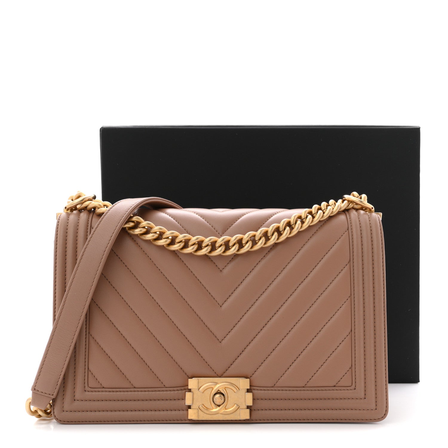 Chanel Calfskin Chevron Quilted New Medium Boy Flap Beige 12 of 12