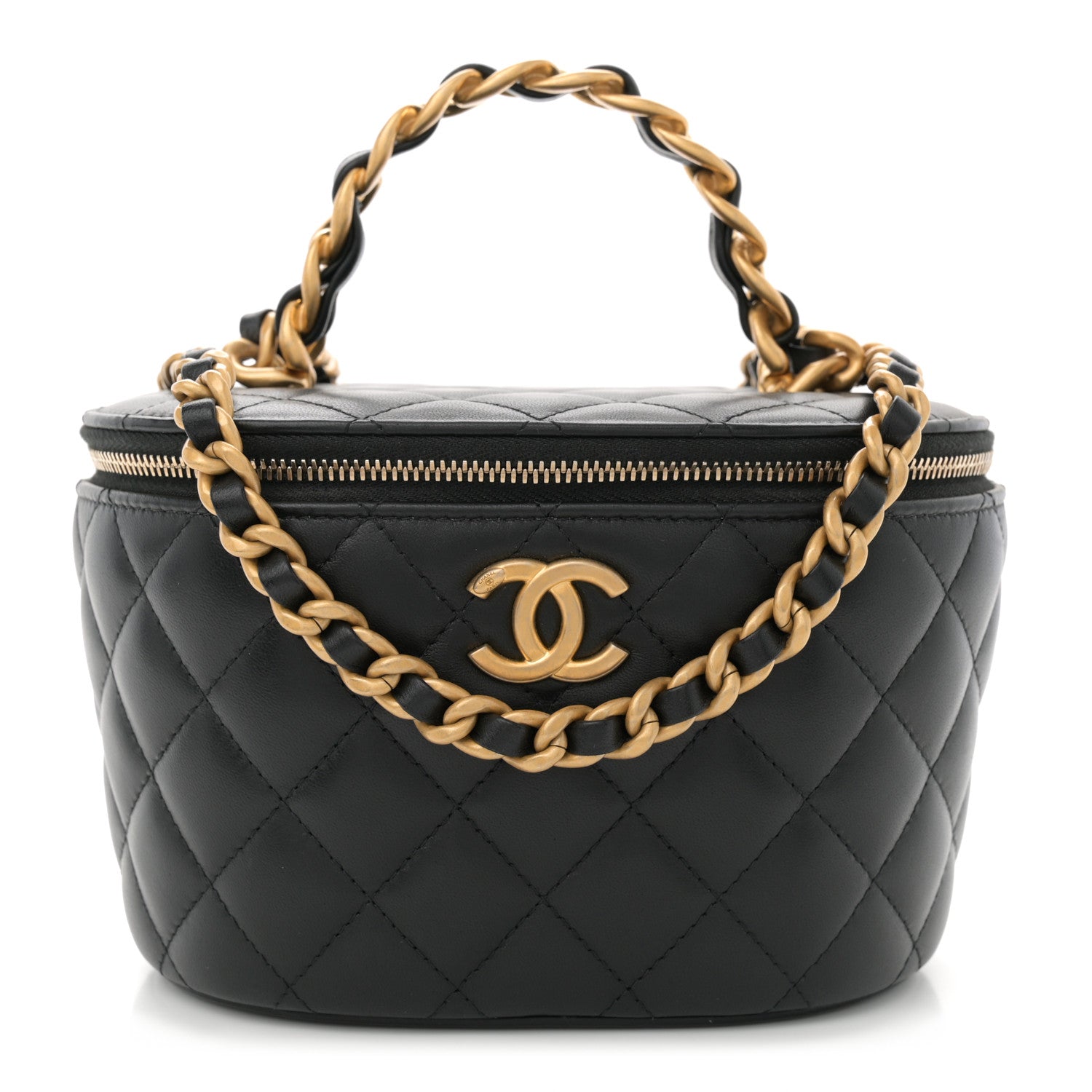 Chanel Lambskin Quilted Chain Top Handle Round Vanity Case Black 1 of 11