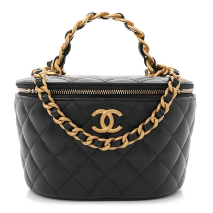 Chanel Lambskin Quilted Chain Top Handle Round Vanity Case Black 1 of 11