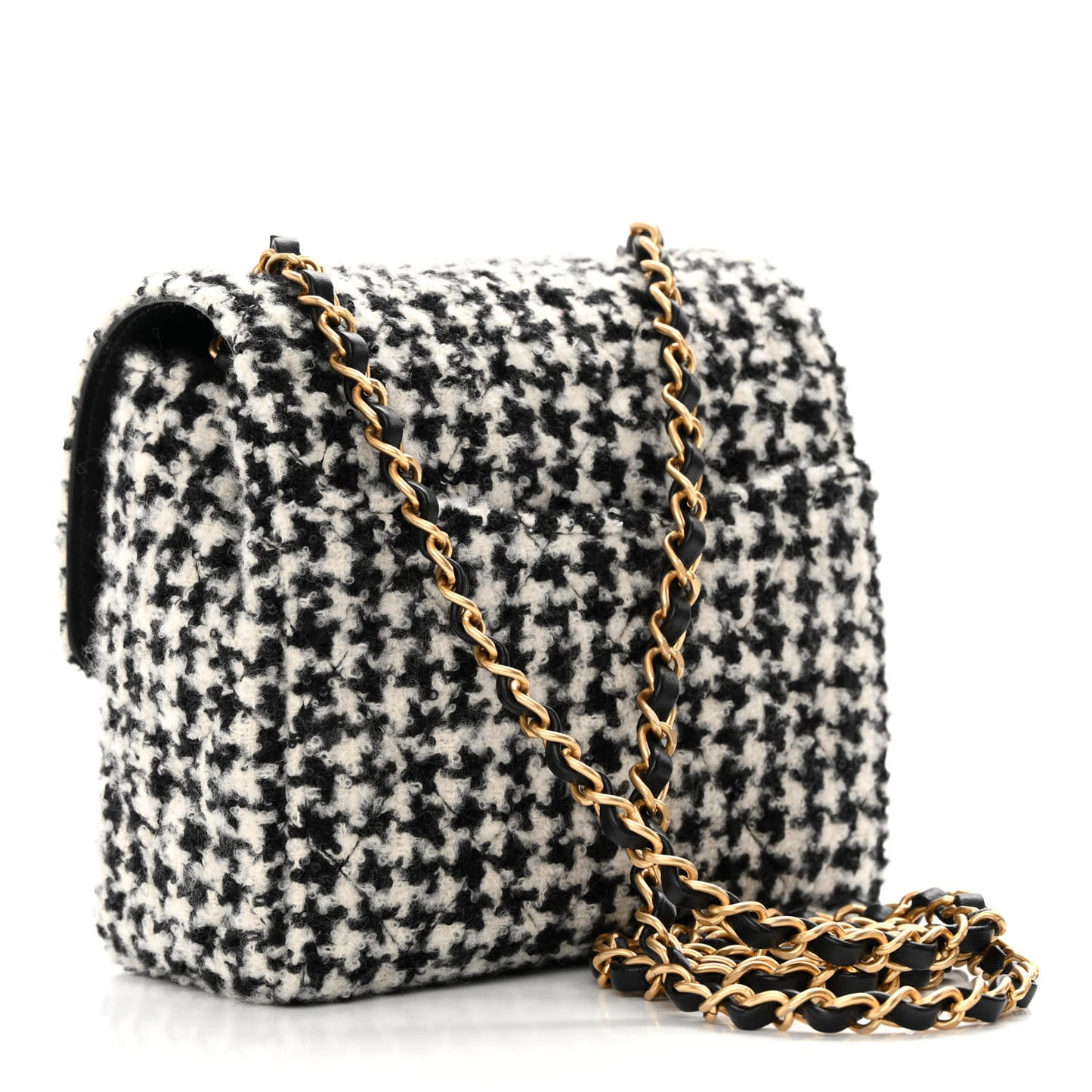 Tweed Houndstooth Quilted Mini Square Flap White Black