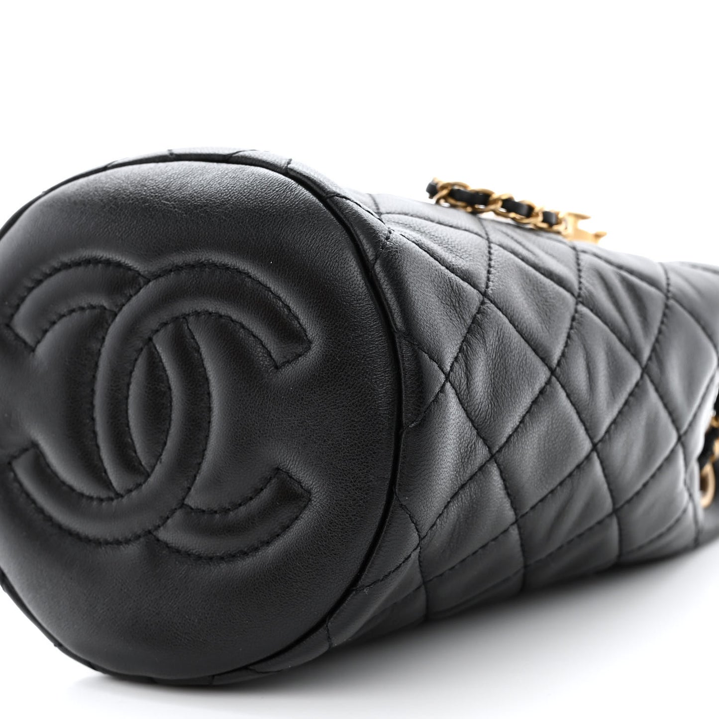 Lambskin Quilted Pearl Crush Drawstring Bag Black