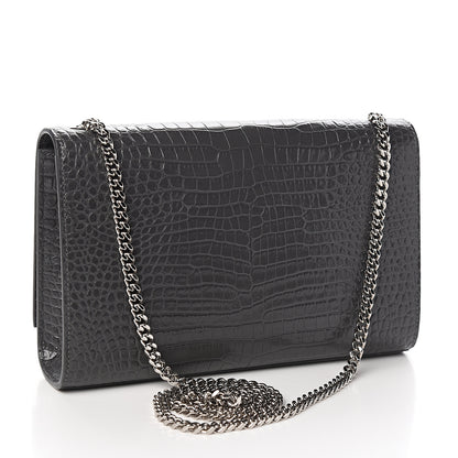Saint Laurent Calfskin Crocodile Embossed Medium Classic Monogram Kate Tassel Satchel Fog 2 of 8