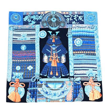 Hermes Cashmere Silk Parures De Samourais Shawl 140 Caban Bleu Ciel Saumon 1 of 5