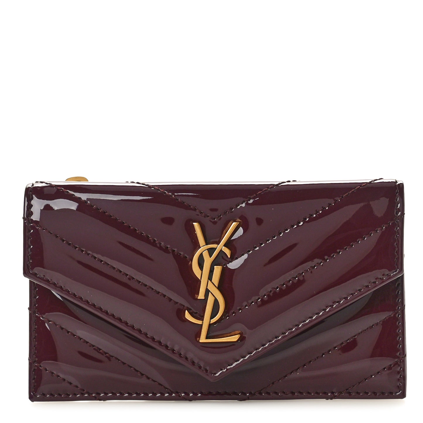 Patent Calfskin Matelasse Chevron Cassandre Fragments Zippered Card Case Dark Red Wine