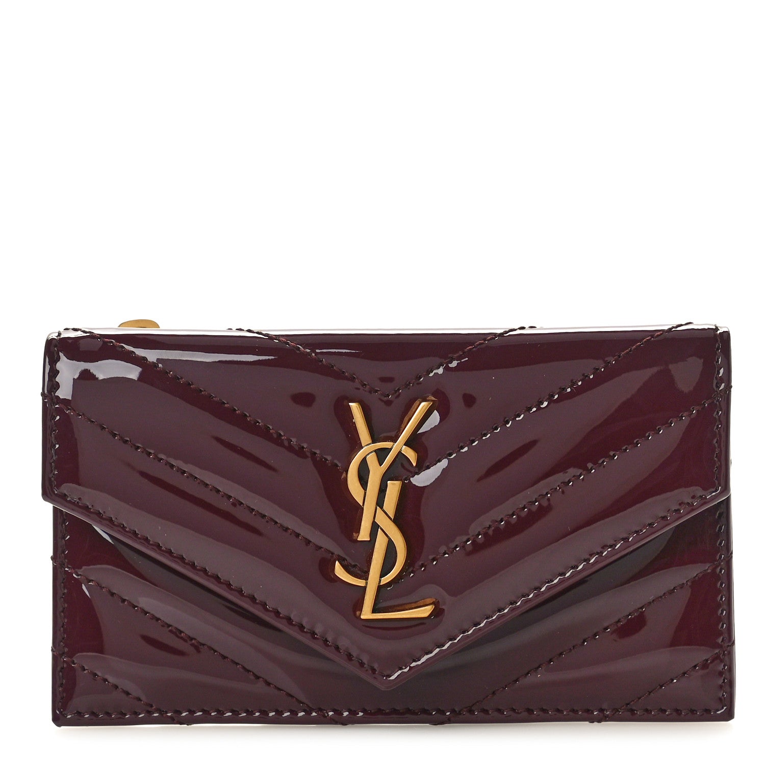 Saint Laurent Patent Calfskin Matelasse Chevron Cassandre Fragments Zippered Card Case Dark Red Wine 1 of 8