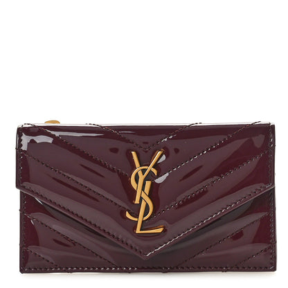 Saint Laurent Patent Calfskin Matelasse Chevron Cassandre Fragments Zippered Card Case Dark Red Wine 1 of 8