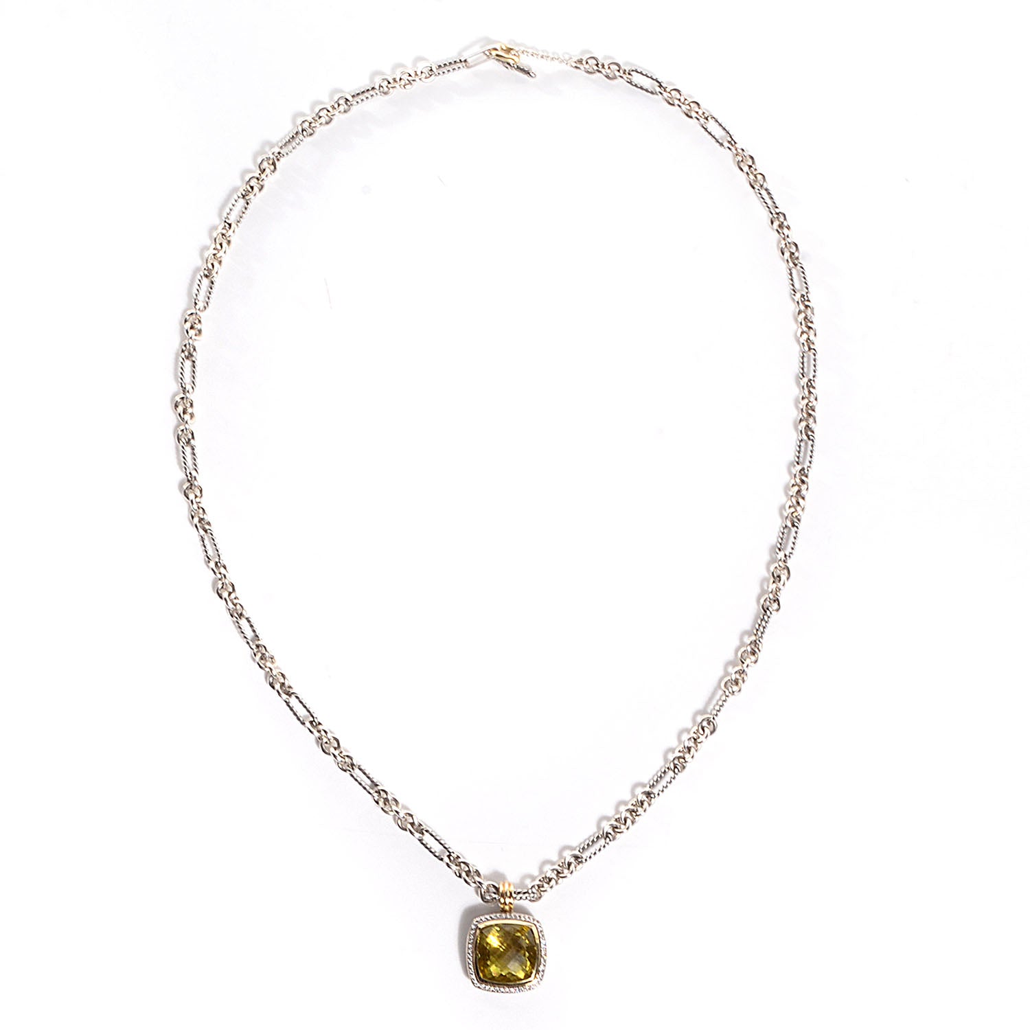 David Yurman Sterling Silver Figaro Necklace w Silver 18k Gold Diamond Peridot 20mm Albion Pendant 3 of 6