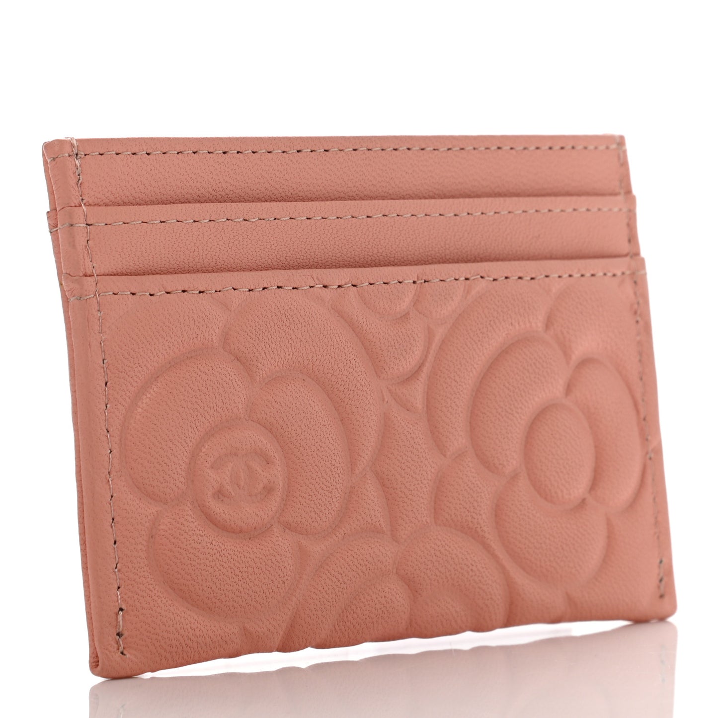 Goatskin Camellia Embossed Card Holder Light Pink