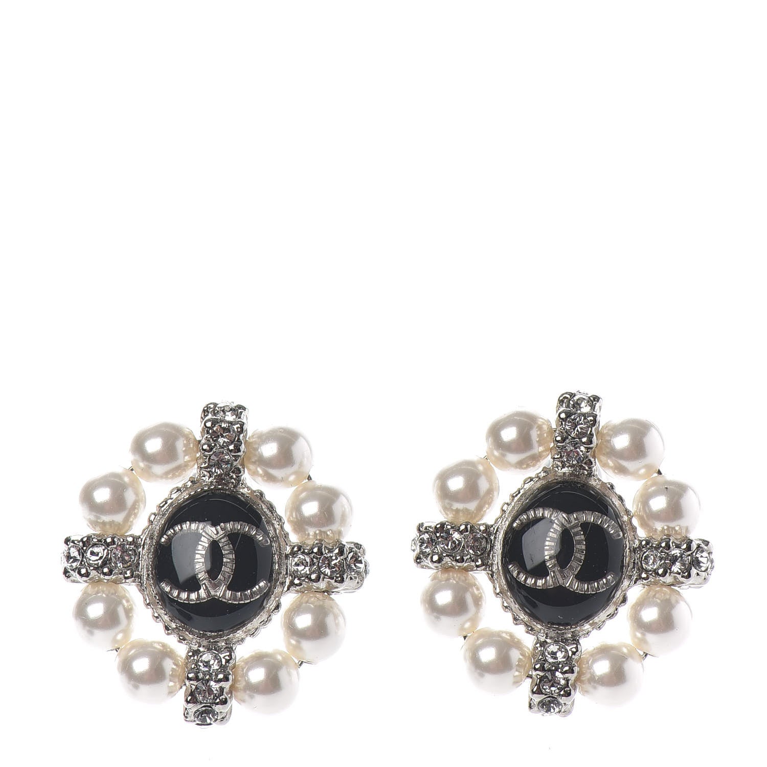 Chanel Crystal Pearl Bead CC Round Earrings Silver Black 1 of 4