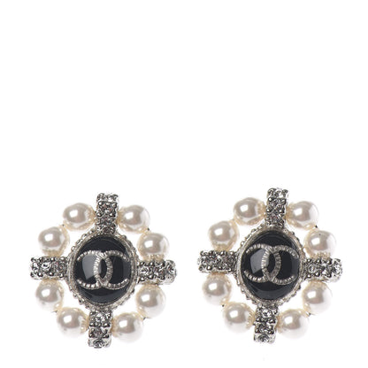 Chanel Crystal Pearl Bead CC Round Earrings Silver Black 1 of 4