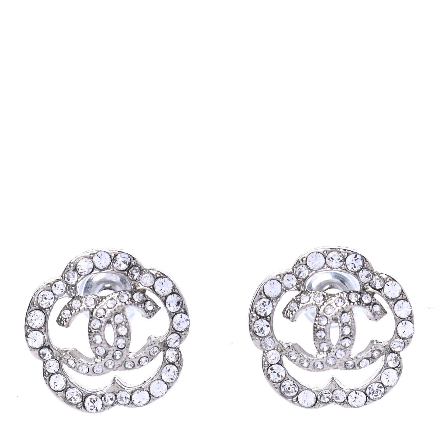 Crystal Coco Flapper Camellia CC Stud Earrings Silver