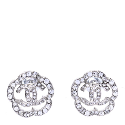 Chanel Crystal Coco Flapper Camellia CC Stud Earrings Silver 1 of 4