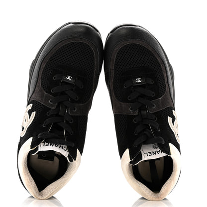 Chanel Mesh Suede Grained Calfskin Womens CC Sneakers 40.5 Black White 2 of 12