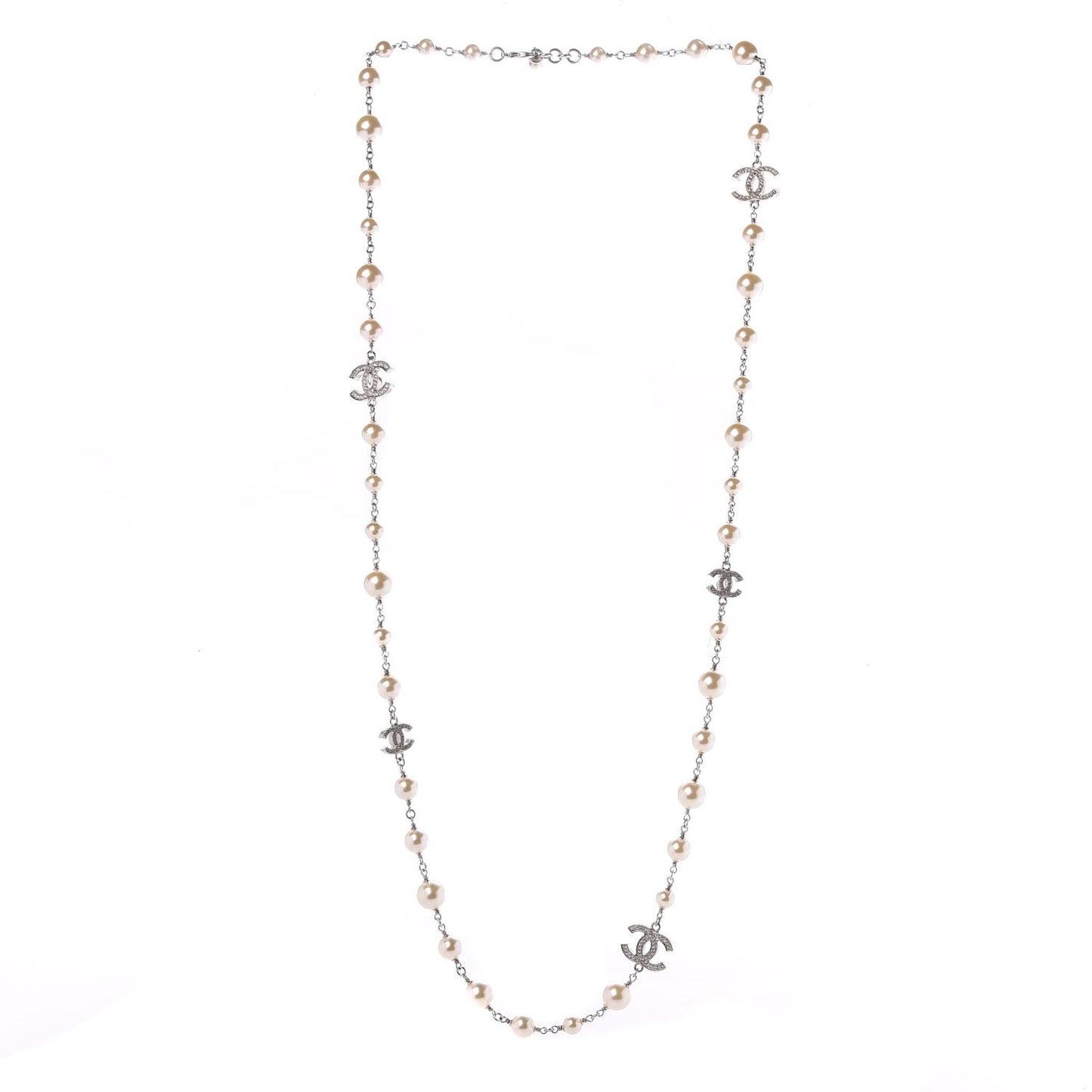 Crystal Pearl CC Long Necklace Silver