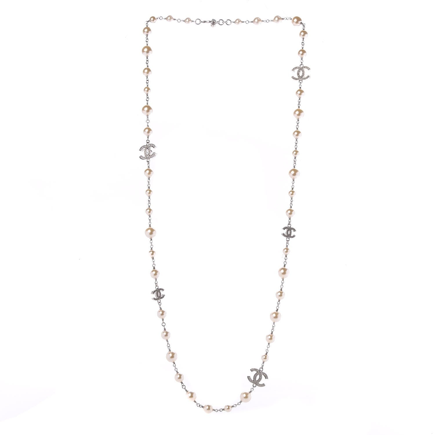 Chanel Crystal Pearl CC Long Necklace Silver 3 of 5