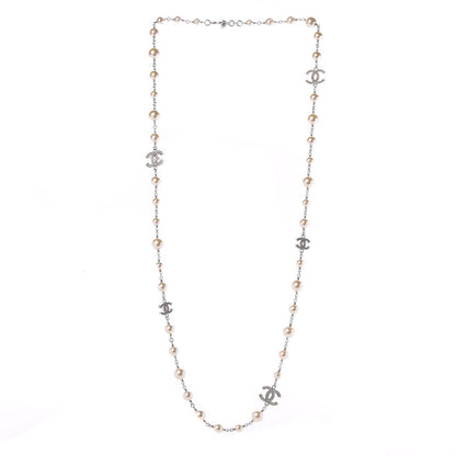 Chanel Crystal Pearl CC Long Necklace Silver 3 of 5