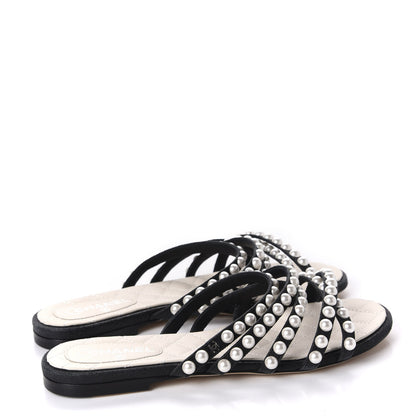 Chanel Crackled Lambskin Pearl Mule Sandals 35 Black 4 of 8