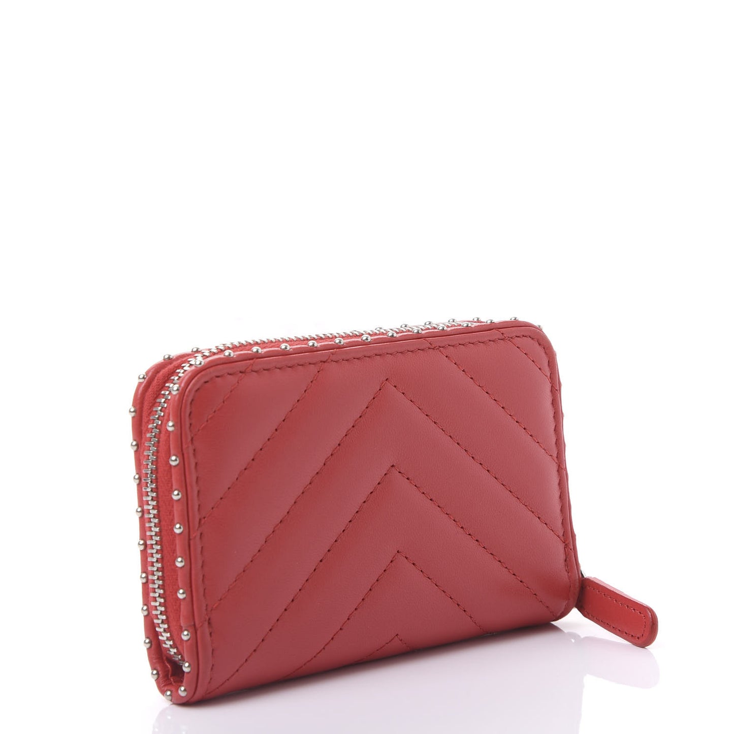 Lambskin Chevron Quilted Studded Zip Around Coin Purse Red