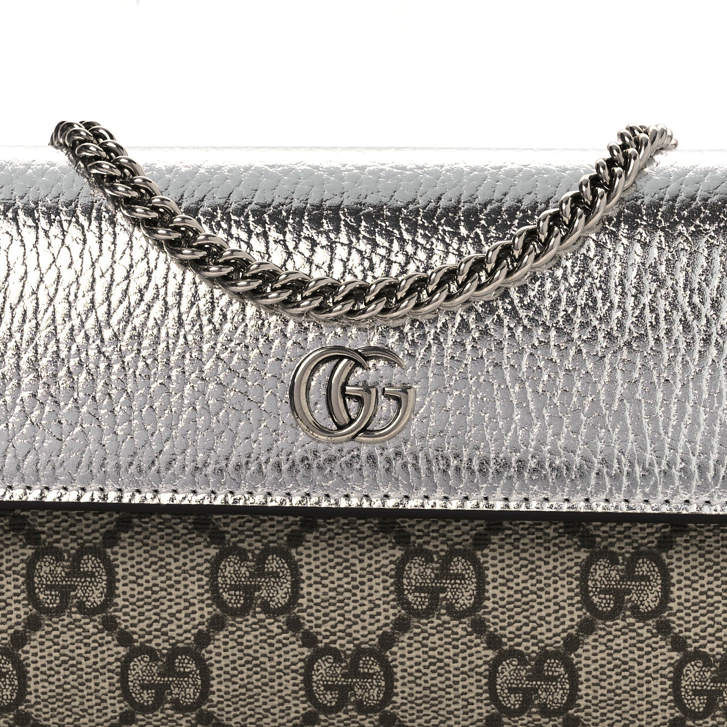 Metallic Calfskin GG Supreme Monogram Petite GG Marmont Wallet Chain Bag Silver Beige Ebony