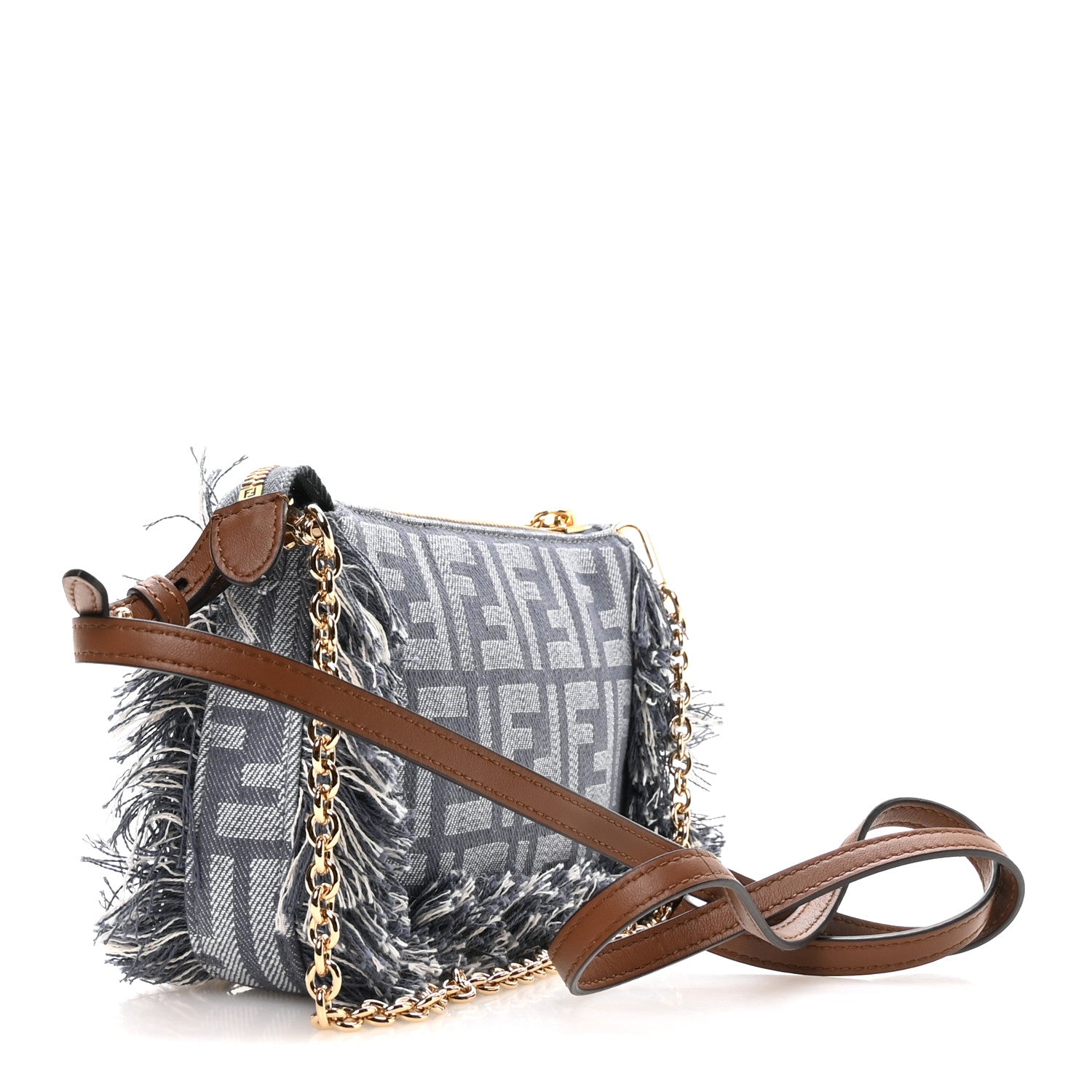 Fendi Denim Vitello Fringe FF Embroidered Baguette Pouch Myrtle Dark Nut 3 of 11