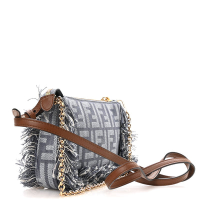 Fendi Denim Vitello Fringe FF Embroidered Baguette Pouch Myrtle Dark Nut 3 of 11