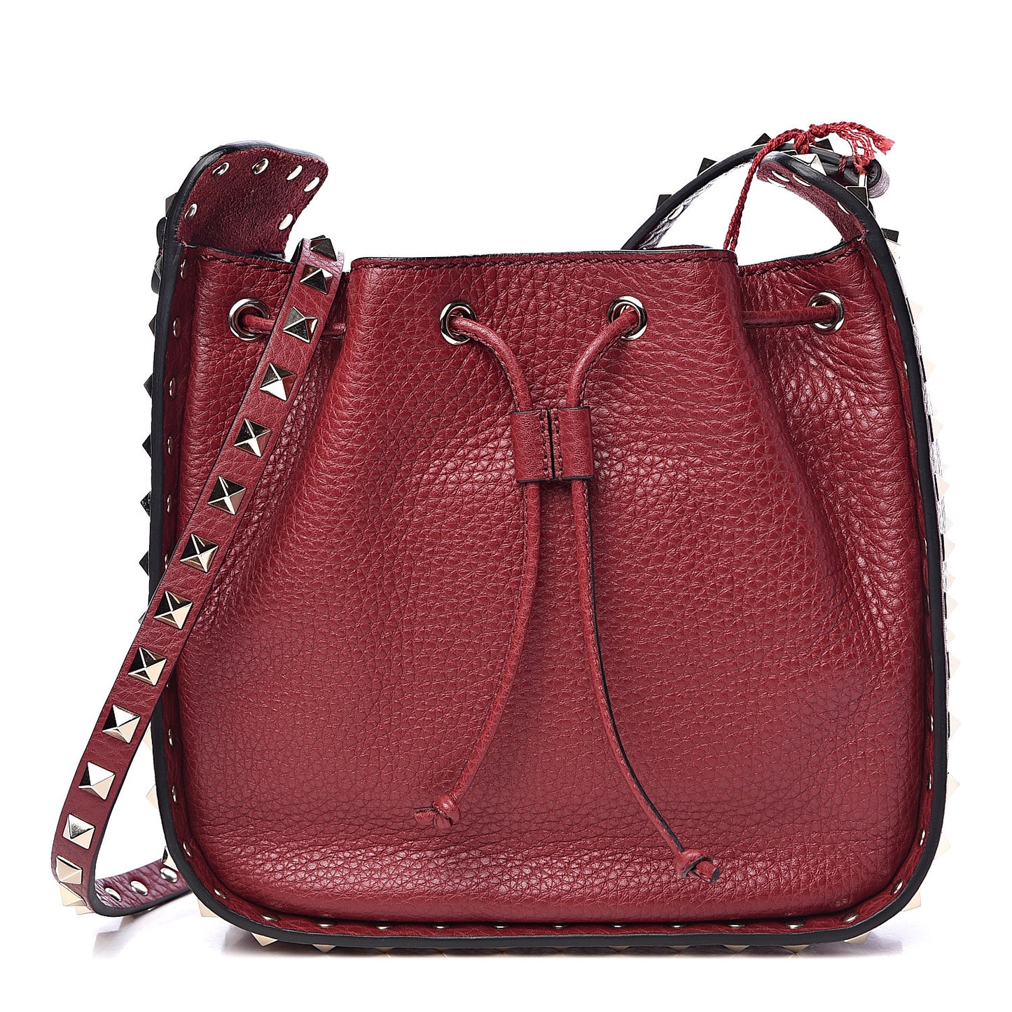 Grained Calfskin Rockstud Bucket Bag Rubino
