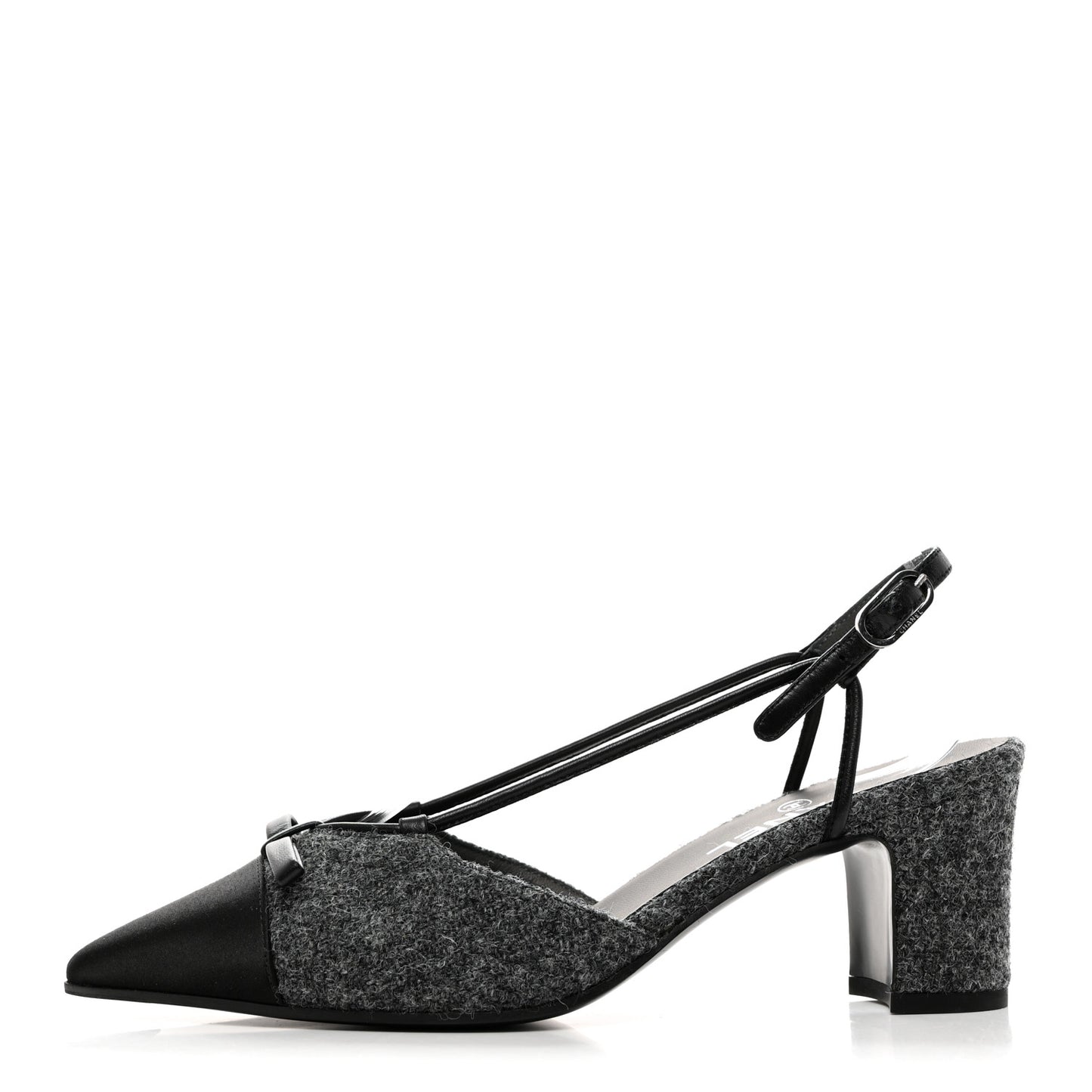Tweed Satin Slingback Cap Toe Bow Pumps 38.5 Grey Black