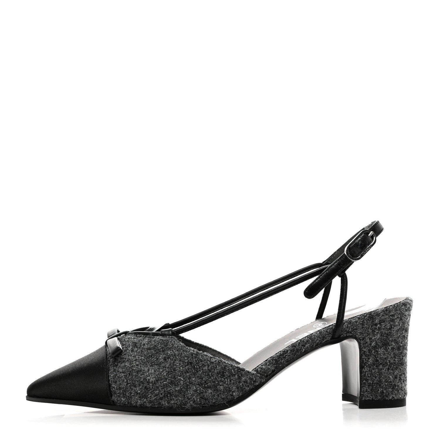 Chanel Tweed Satin Slingback Cap Toe Bow Pumps 38.5 Grey Black 1 of 10