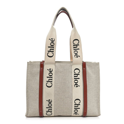Chloe Linen Calfskin Medium Woody Ribbon Tote White Brown 1 of 9