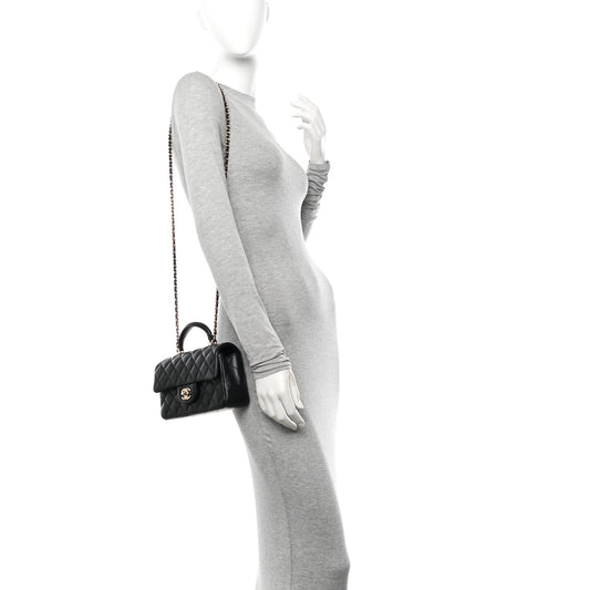Lambskin Quilted Mini Top Handle Rectangular Flap Black
