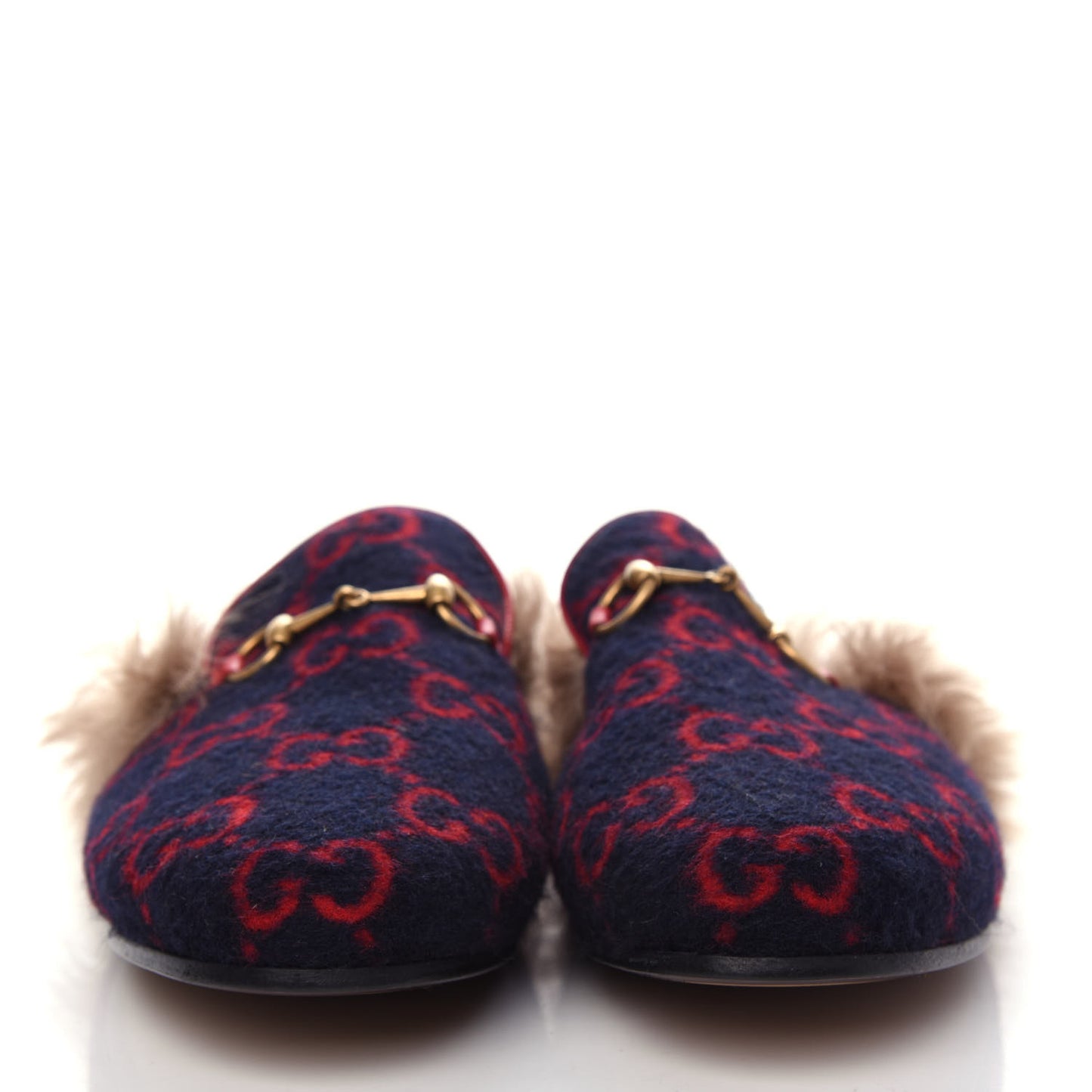 Covered Wool Big GG Monogram Fur Womens Princetown Slippers 39 Blue Red Butterscotch