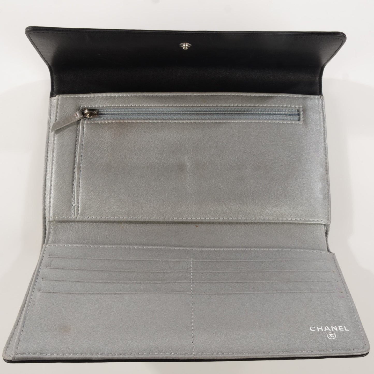 Lambskin Embossed Camellia Large Gusset Flap Wallet Black