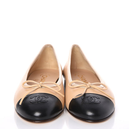 Chanel Lambskin Cap Toe CC Ballerina Flats 36.5 Beige Black 2 of 9