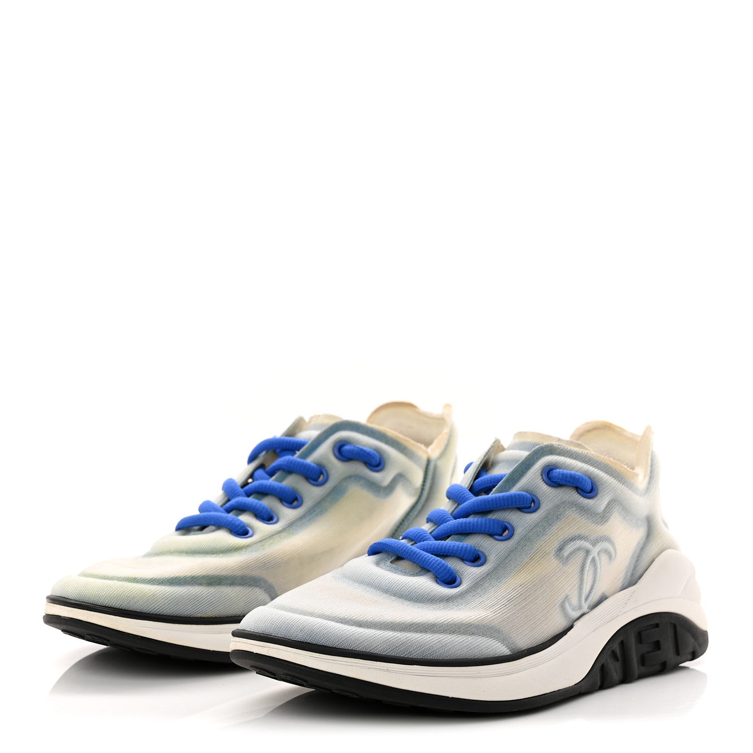 Chanel Calfskin Mesh Lyrca Womens Logo Sneakers 36 White Blue 4 of 9