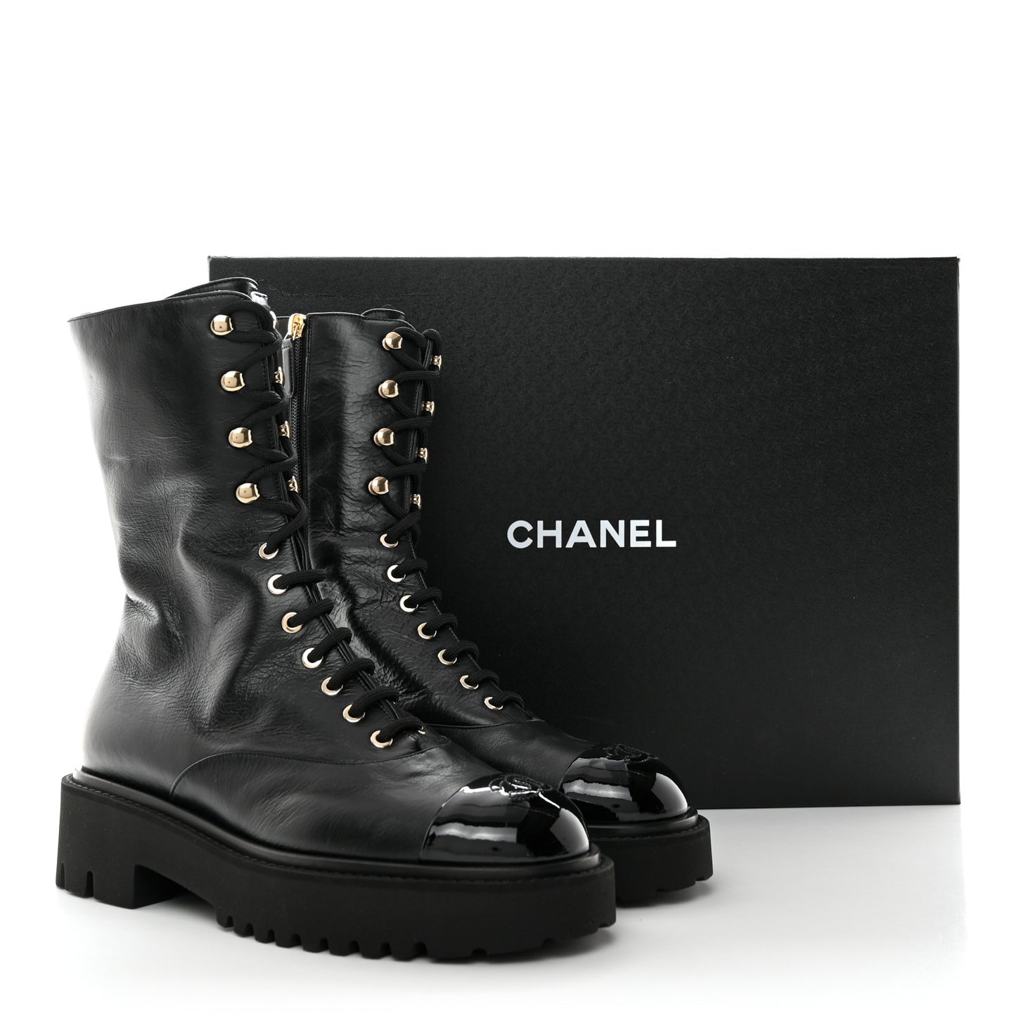 Crumpled Calfskin Patent Cap Toe Lace Up Combat Boots 41 Black