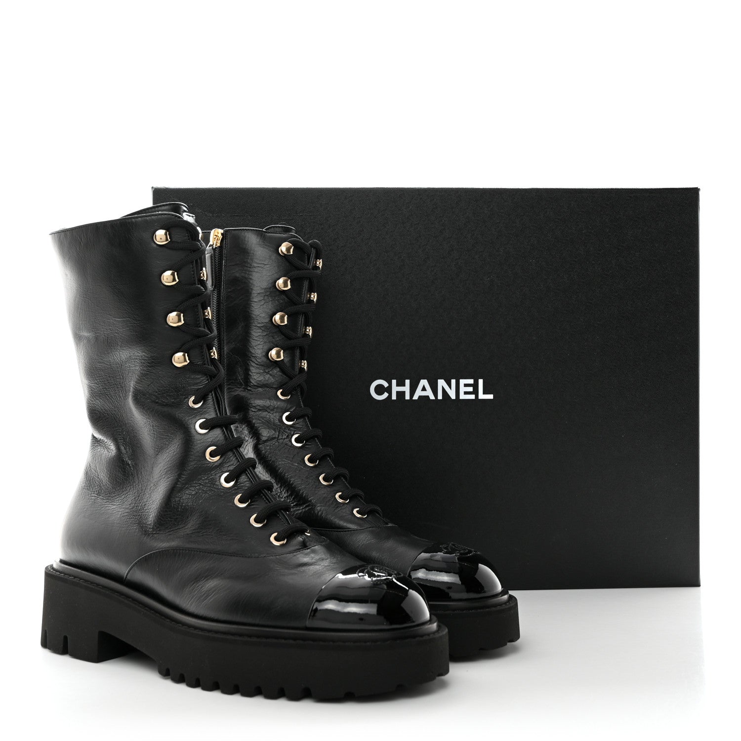 Chanel Crumpled Calfskin Patent Cap Toe Lace Up Combat Boots 41 Black 9 of 9