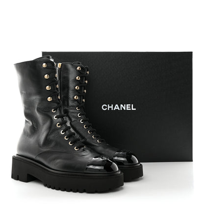 Chanel Crumpled Calfskin Patent Cap Toe Lace Up Combat Boots 41 Black 9 of 9