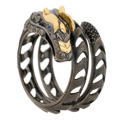 John Hardy Darkened Sterling Silver 18K Yellow Gold Blue Sapphire Black Spinel Naga Ring 55 7.25 1 of 7