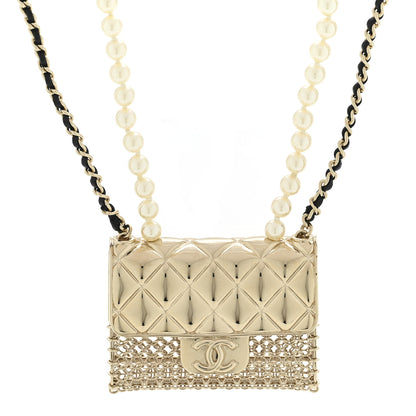 Chanel Metal Lambskin Pearl Chain Flap Bag Long Necklace Gold Black Pearly White 4 of 7