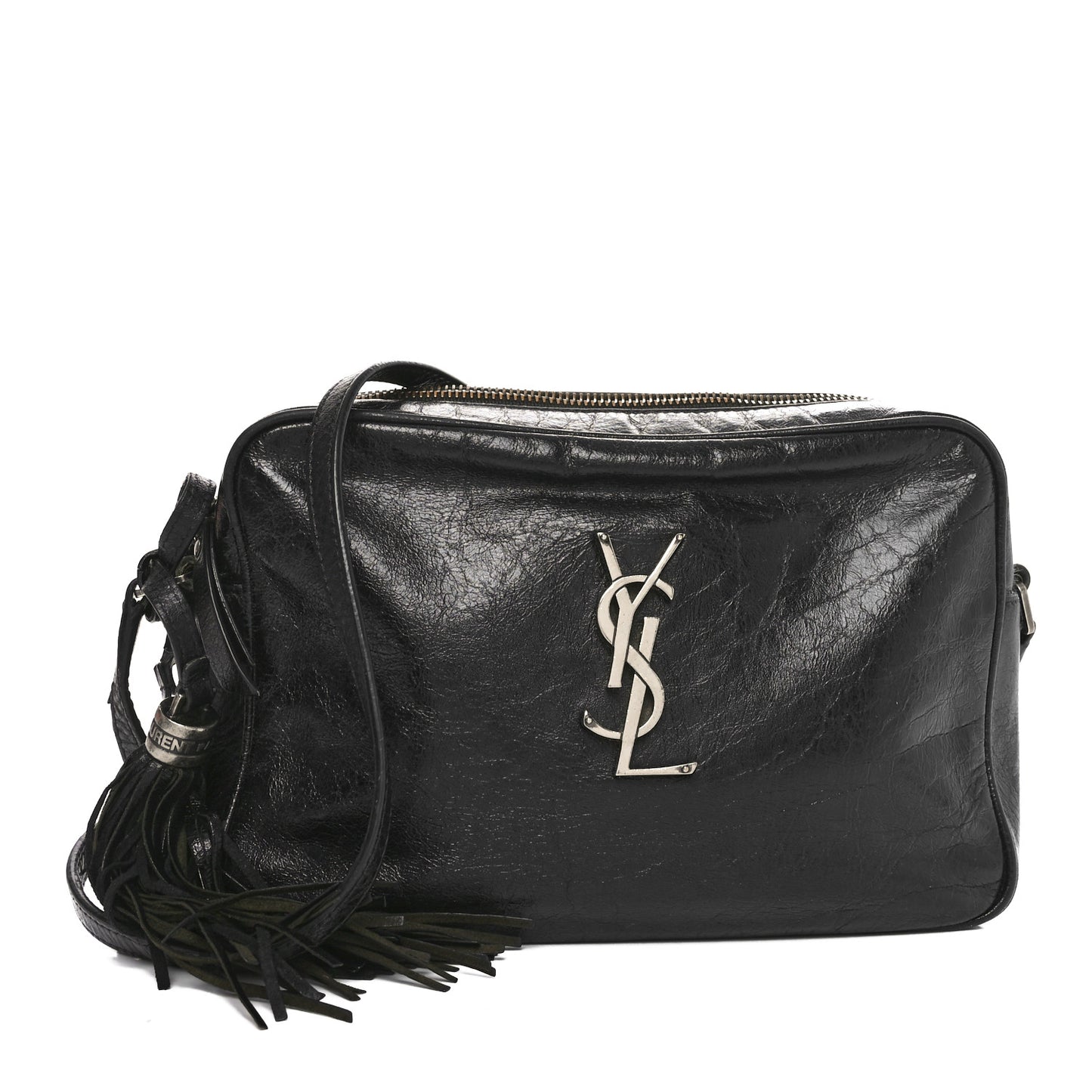 Cracked Shiny Calfskin Monogram Lou Camera Bag Black