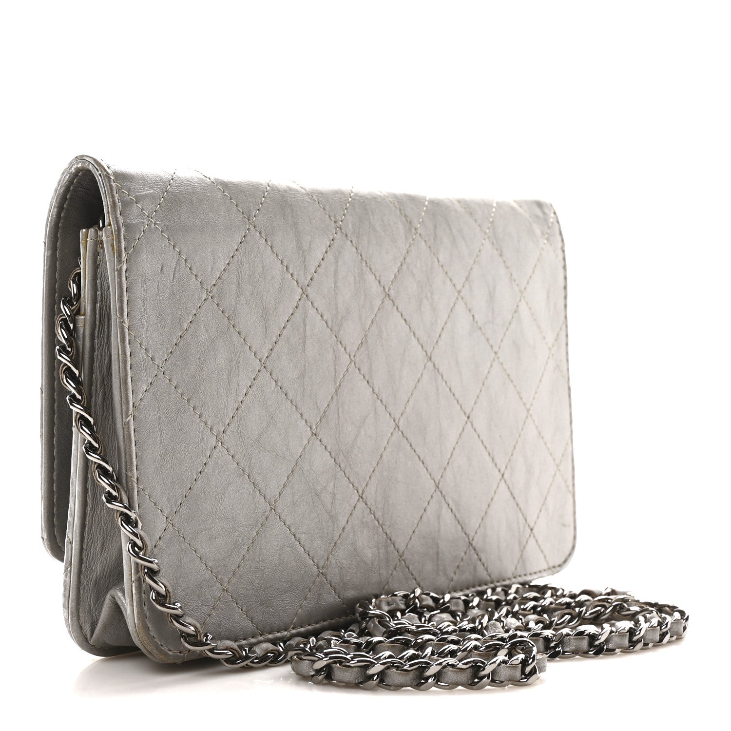Chanel Metallic Aged Calfskin Quilted Wallet on Chain WOC Silver 3 of 12