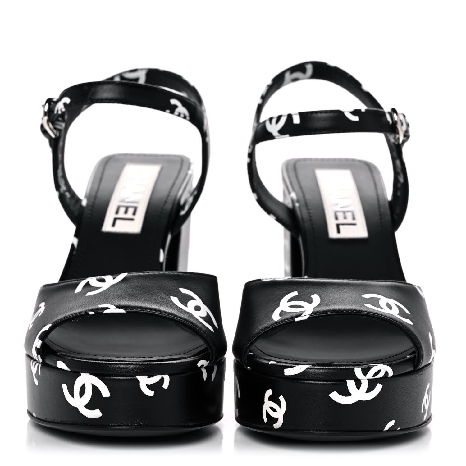 Chanel Printed Lambskin Coco Beach Platform Sandals 37 Black White 2 of 9